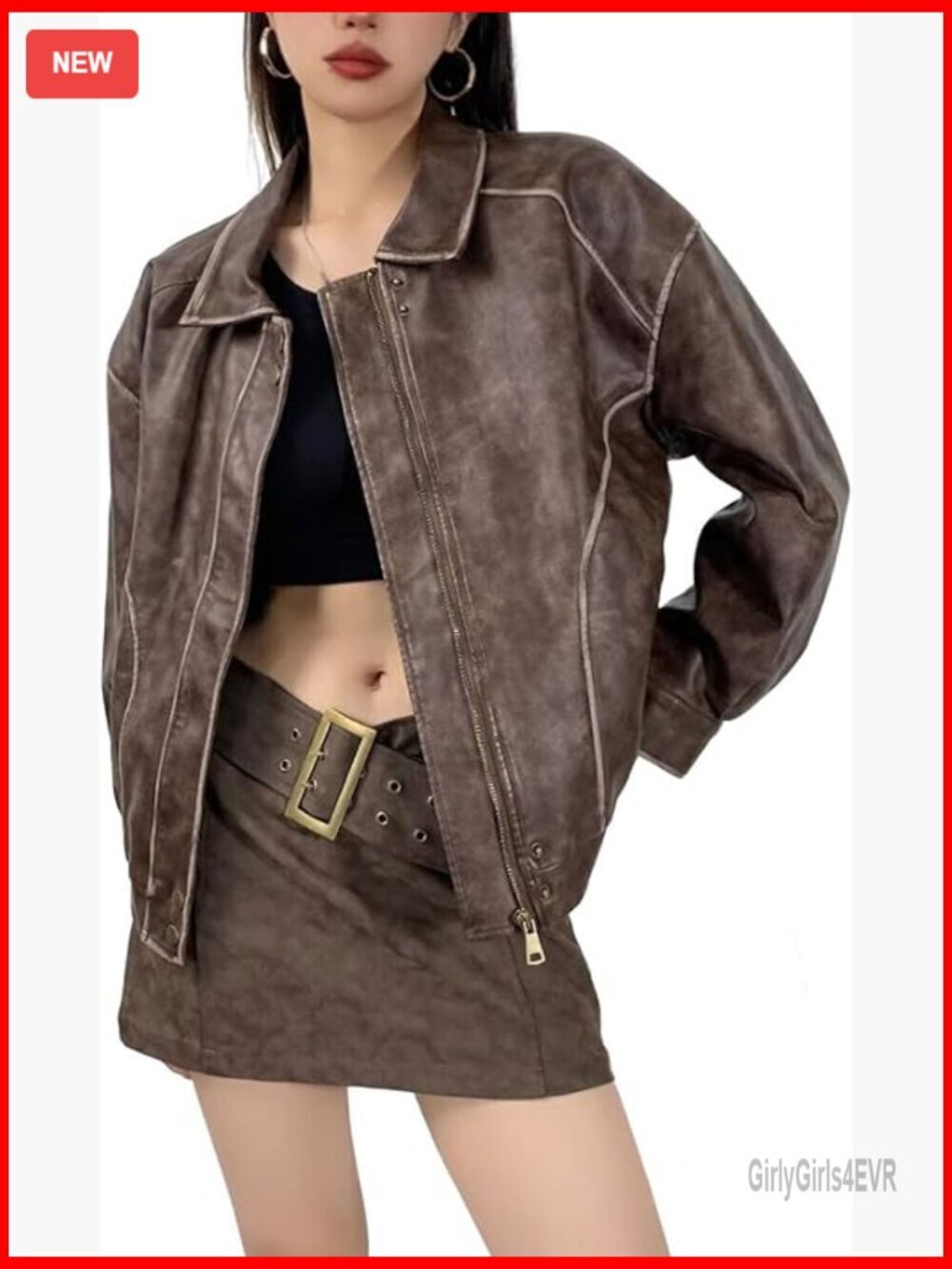 Distressed Faux Leather Bomber Jacket Oversized Motorcycle Style